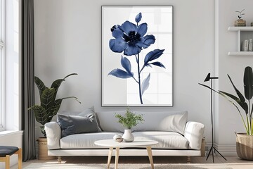 Boho Indigo Floral Navy Blue Living Room Print Wall Art - Artistic Navy Blue Floral Illustration Home Decor