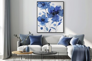 Boho Navy Blue Floral Print Living Room Wall Art - Decorative Indigo Flowers Watercolor Bloom Illustration
