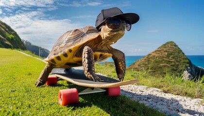 turtle riding a skateboard down a grassy hill, wearing sunglasses and a backwards cap for added coolness.