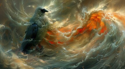 Fototapeta premium A surrealistic depiction of ravens spiraling into a vortex of swirling colors and shapes, their forms merging and melding in a hypnotic dance.