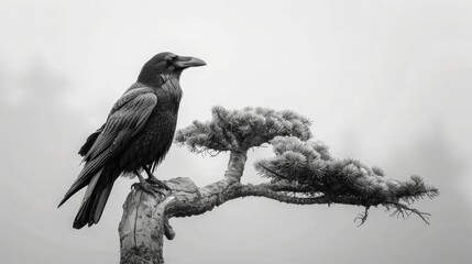 Naklejka premium A solitary raven surveying its territory, its piercing gaze scanning the landscape.