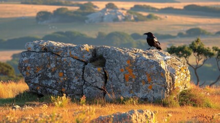 Fototapeta premium A solitary raven surveying its territory, its piercing gaze scanning the landscape.