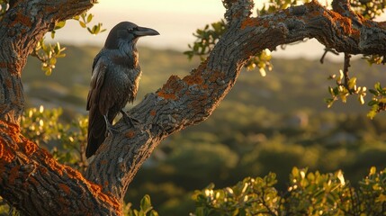 Fototapeta premium A solitary raven surveying its territory, its piercing gaze scanning the landscape.