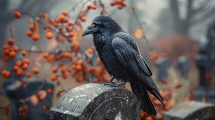 Fototapeta premium A sleek raven perched atop a weathered gravestone in a misty cemetery, its obsidian feathers glistening with dew in the dim light of dawn.