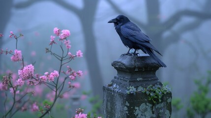 Fototapeta premium A sleek raven perched atop a weathered gravestone in a misty cemetery, its obsidian feathers glistening with dew in the dim light of dawn.