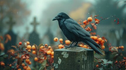 Obraz premium A sleek raven perched atop a weathered gravestone in a misty cemetery, its obsidian feathers glistening with dew in the dim light of dawn.