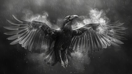 Fototapeta premium A raven swooping down from the stormy skies above