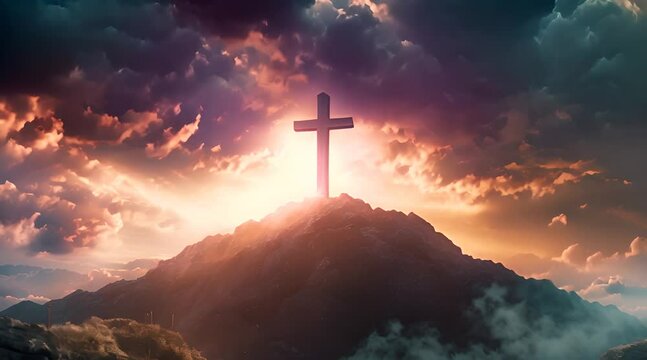 Wooden cross symbolizing death and glory of God in heaven. Timelapse and Hyperlapse The cross of Jesus Christ against the background of beautiful clouds and rays of light on top of mountain