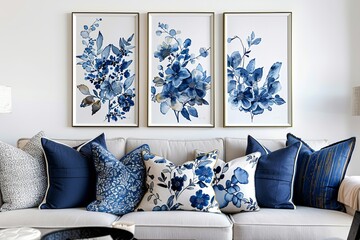 Navy Blue Botanical Art for Chic Home Decor: Boho Style Prints in Elegant Shades of Blue