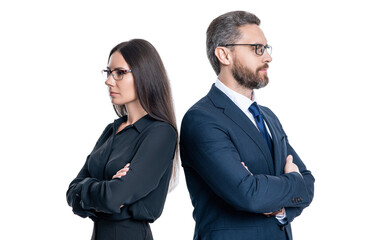 businesspeople working on business project. collaborating on a new business project. businesspeople isolated on white. businesspeople together while having a meeting in the office. back to back