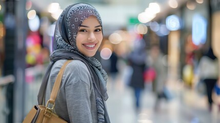 Close up photo of beautiful young Muslim woman socialite in hijab, doing shopping in shopping center.
