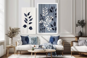Vertical Botanical Illustration: Chic Home Decor with Navy Blue Art for Modern Elegance