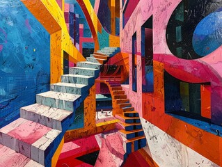 Design a dynamic aerial perspective of art galleries that immerses viewers in a multi-sensory experience Use colors, textures, shapes, and patterns to evoke sight, sound, touch, smell, and taste