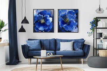 Bohemian Style Blue Flower Printable Poster - Stylish Navy Floral Poster for Modern Contemporary Spaces