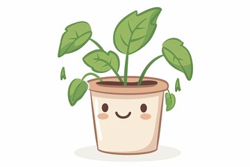 Cute Kawaii Anthropomorphic Plant Pot with Green Leaves Vector in Lush Garden Spring Concept