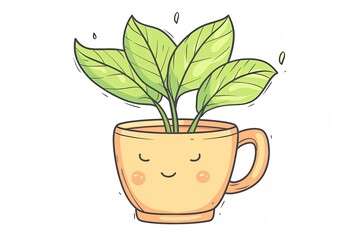 Kawaii Plant in Pot Vector with Lush Leaves, Germinating Germ, and Bud