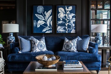 Navy Blue Botanical Art: Dynamic Interiors Enhanced with Chic Home Decor