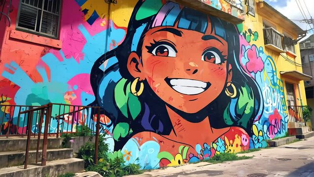 Enchanting 4K looping video capturing the colorful and expressive graffiti of a child's face on a street wall.