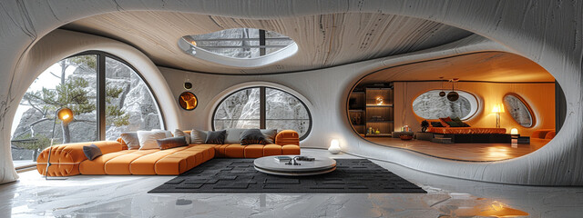 Obraz premium Futuristic living room, modern future smart comfortable cosy, apartment house, design decor luxury interior relaxation fashionable.