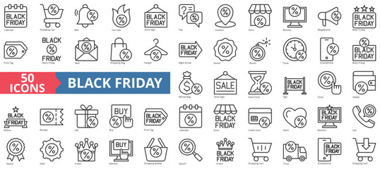 Black friday icon collection set. Containing calendar, shopping cart, bell, hot sale, store sign, faq, location icon. Simple line vector.