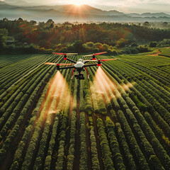 a drone flying over a large farm spraying pesticides in a rural area