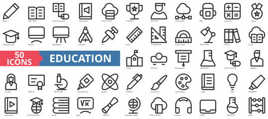 Education icon collection set. Containing pencil, open book, online, audio, cloud library, champion, university icon. Simple line vector.