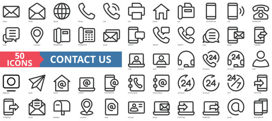 Contact us icon collection set. Containing email, globe, phone, call, fax, home, smartphone icon. Simple line vector.