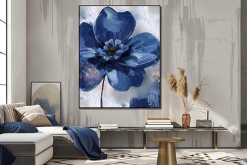 Indigo Navy Blue Floral Print Living Room Wall Art - Bohemian Blue Flower Poster