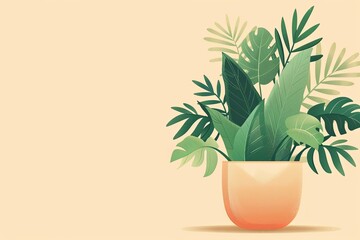 Vector Magical Plant Pot on Light Beige Background: Lush Growth of Nature and Vibrant Flora Concept