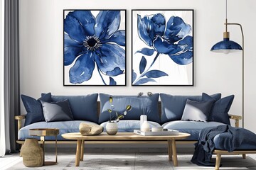 Navy Blue Floral Indigo Print Living Room Wall Art - Botanical Boho Style Decor