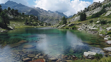alpine beauty in the mountains a serene lake surrounded by lush green trees and a large gray rock,