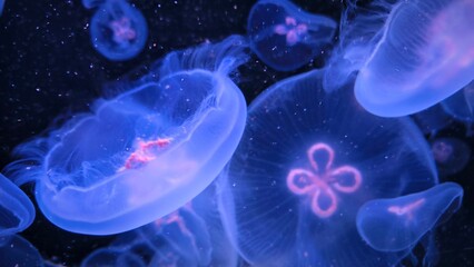 Close-up of jellyfish floating translucent blue light purple color background plankton banner