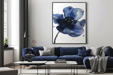 Artistic Navy Blue Floral Wall Decor - Refined Interior Design with Beautiful Blue Bloom Poster