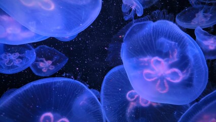 Obraz premium Close-up of jellyfish floating translucent blue light purple color background plankton banner