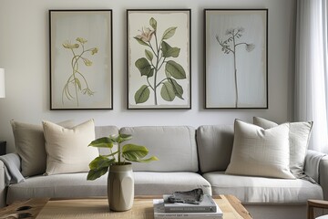 Vertical Botanical Art: Serene Modern Homes with Muted Color Botanical Paintings