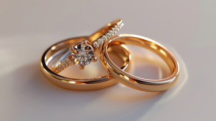 3D render design of two gold diamond rings on a white