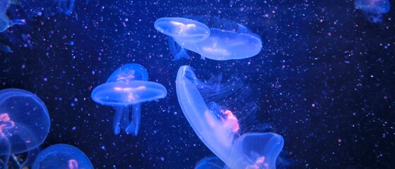 Close-up of jellyfish floating translucent blue light purple color background plankton banner
