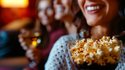 A cozy movie theater filled with women snacking on popcorn and sipping on alcoholfree wine during a movie night.