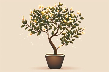 Whimsical Tree Vector in Pot with Gleaming Leaf Accents on Neutral Background