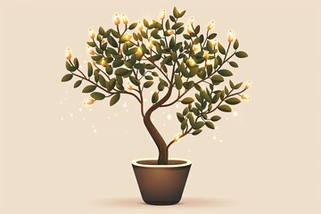 Fototapeta premium Whimsical Tree Vector in Pot with Gleaming Leaf Accents on Neutral Background