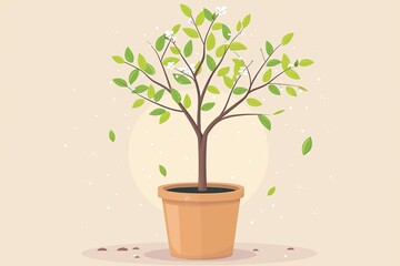 Joyful Tree Character in Neutral Colored Pot Vector Illustration, Nature Isolated Grow with Bud Spring