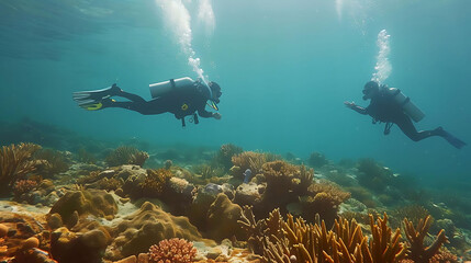 marine exploration in the ocean a group of people explore the vibrant coral reef, surrounded by a v