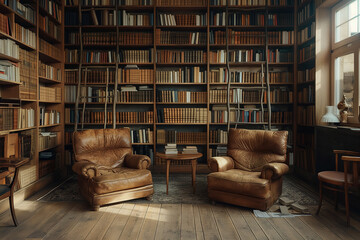 Cozy Scottish cottage home library with minimalist sleek shelving, earth tones and afternoon light.