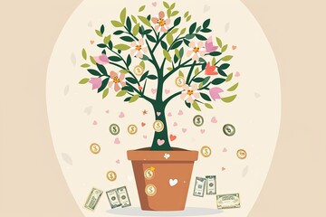 Money Growth Concept: Vector Tree in Pot on Enchanted Neutral Background with Whimsical Character and Spring Decoration