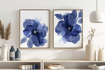 Navy Blue Bohemian Style Flower Printable Poster Set - Artistic Bohemian Blue Floral Wall Decor