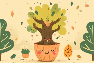 Fotobehang Whimsical Character Tree Pot in Vector - Enchanted and Adorable Illustration on Neutral Ground © Michael