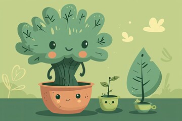 Whimsical Character Tree Pot: Adorable Anthropomorphic Garden Illustration