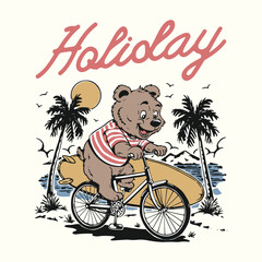Bear riding bycycle on the beach illustration