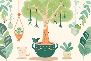 Fotobehang Whimsical Character Tree Pot in Vector - Enchanted and Adorable Illustration on Neutral Background © Michael