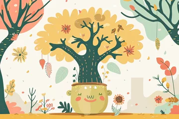 Fotobehang Whimsical Character Tree Pot in Vector on Enchanted Neutral Background © Michael